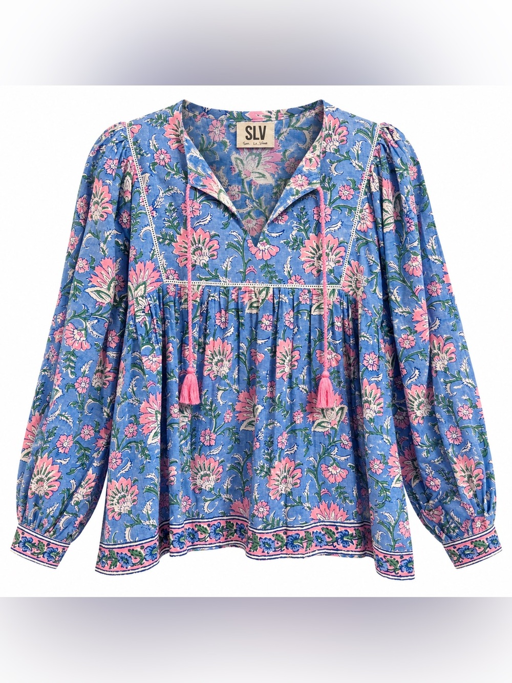 SLV Sur La Vague Floral Boho Peasant Blouse Women’s Size L Blue Pink